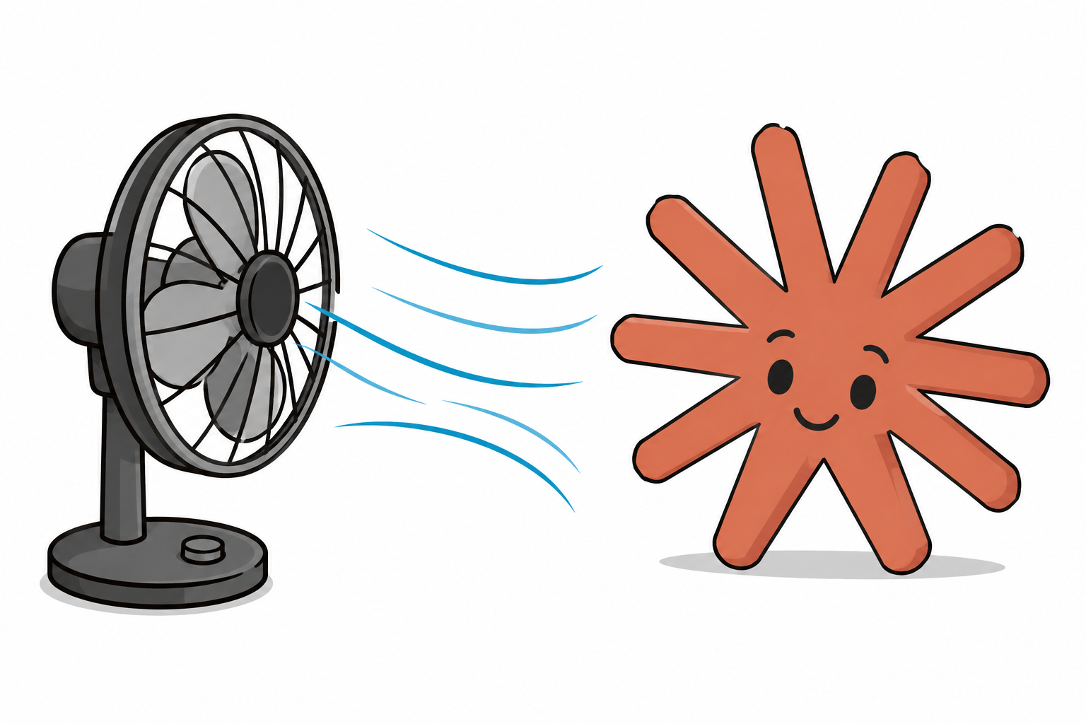 A playful illustration of a Claude-like orange star beside a desk fan with airflow lines between them