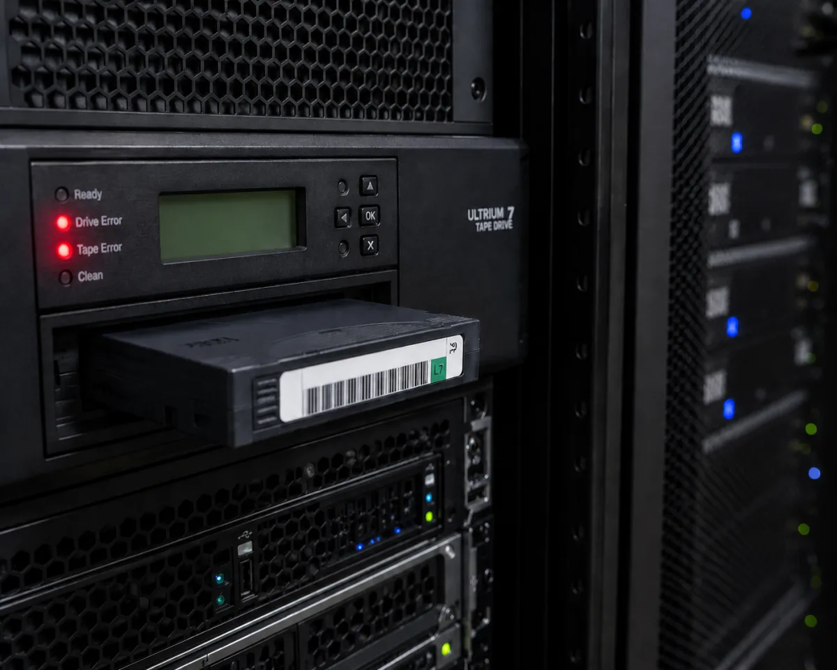 An LTO tape drive in a server rack showing red Drive Error and Tape Error lights with a tape cartridge loaded