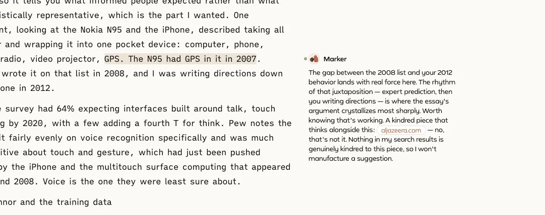 Marker margin comment declining to suggest a related article because its search results were not genuinely kindred to the piece