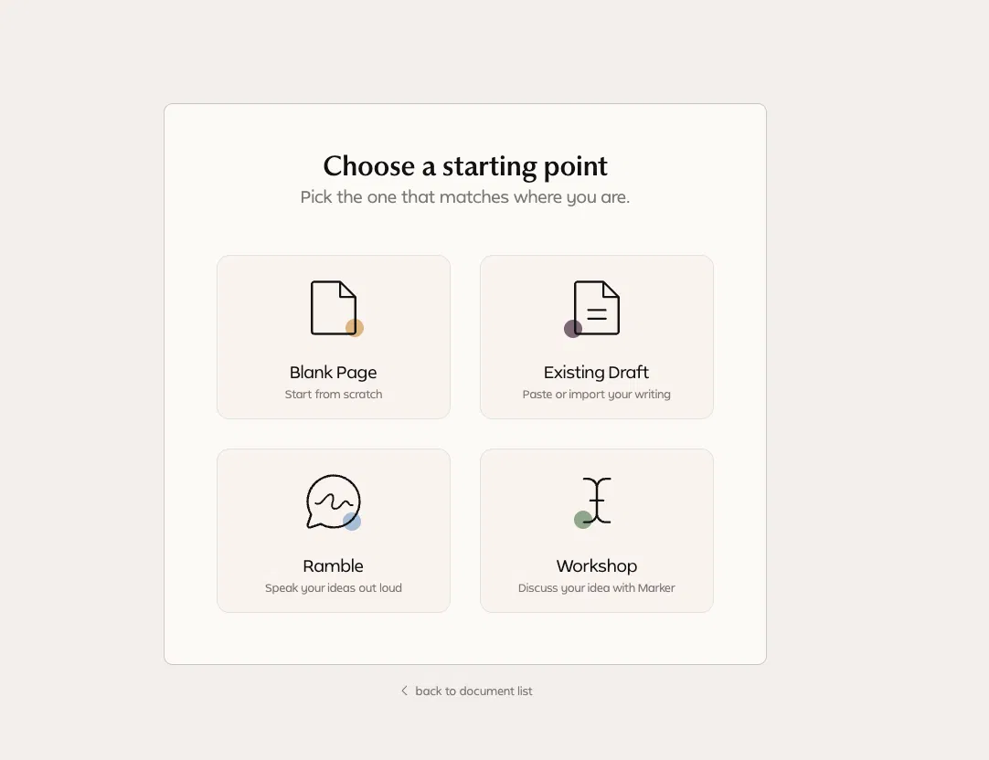 Marker's starting-point screen with options for Blank Page, Existing Draft, Ramble, and Workshop