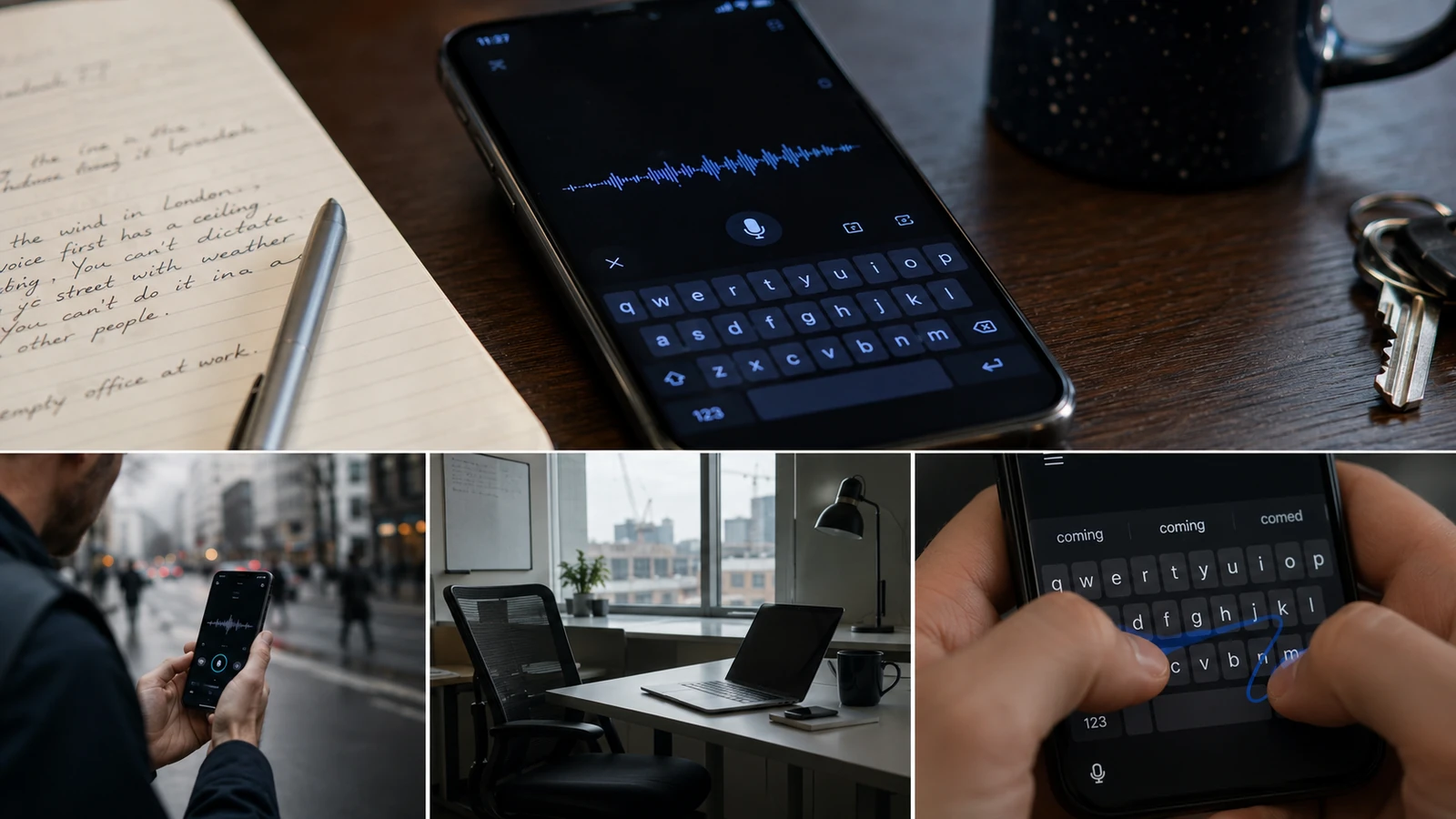 Composite editorial image showing a smartphone voice keyboard, desk notes, street phone use, an empty office, and touch typing