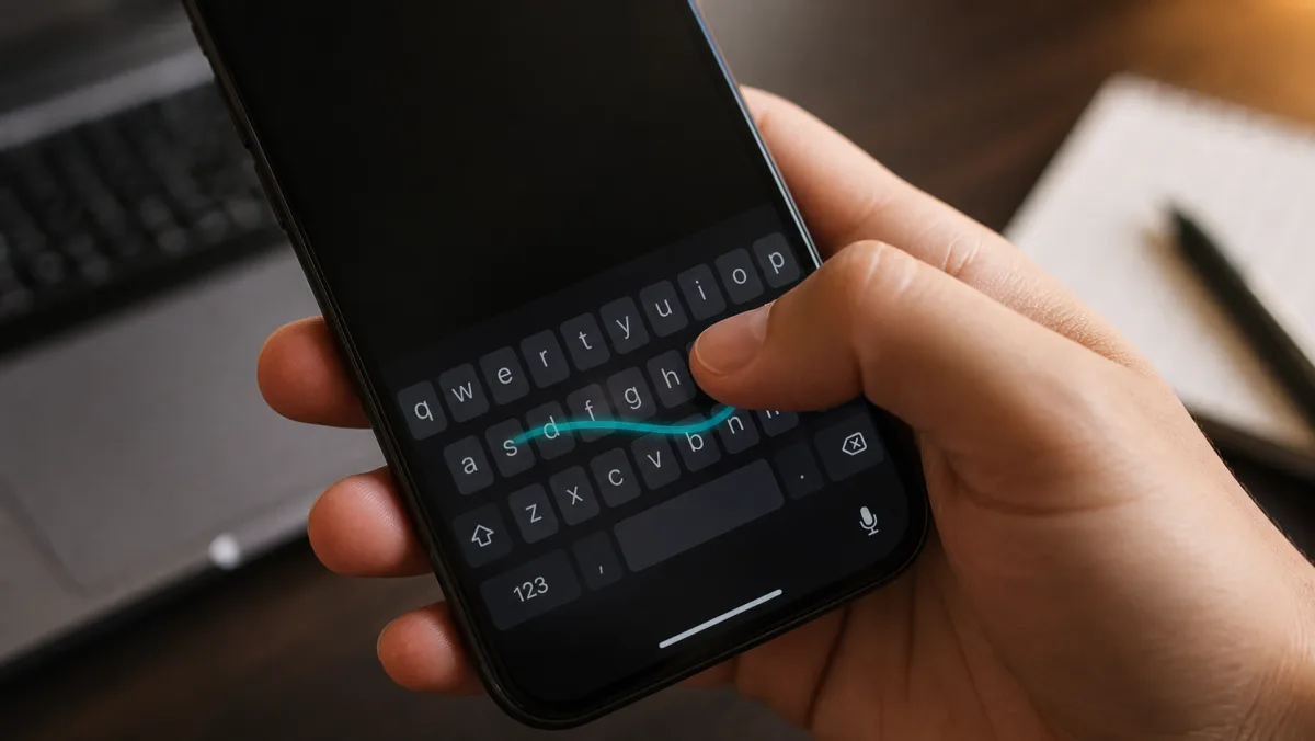 A thumb swiping across a dark mobile keyboard on a smartphone