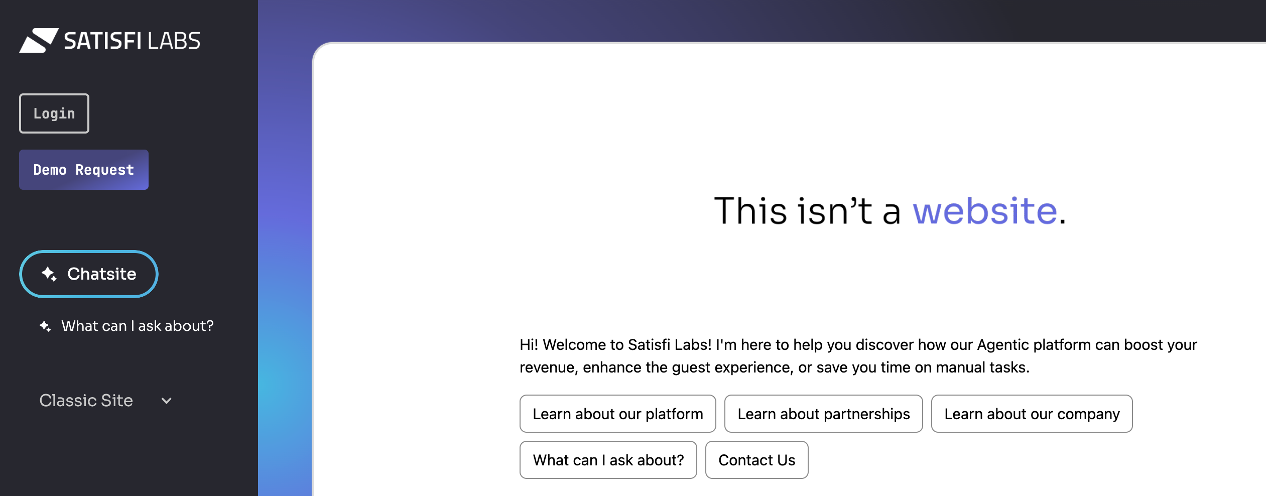 Satisfi Labs chatsite — two-column layout with AI chat on the right and a Classic Site toggle on the left