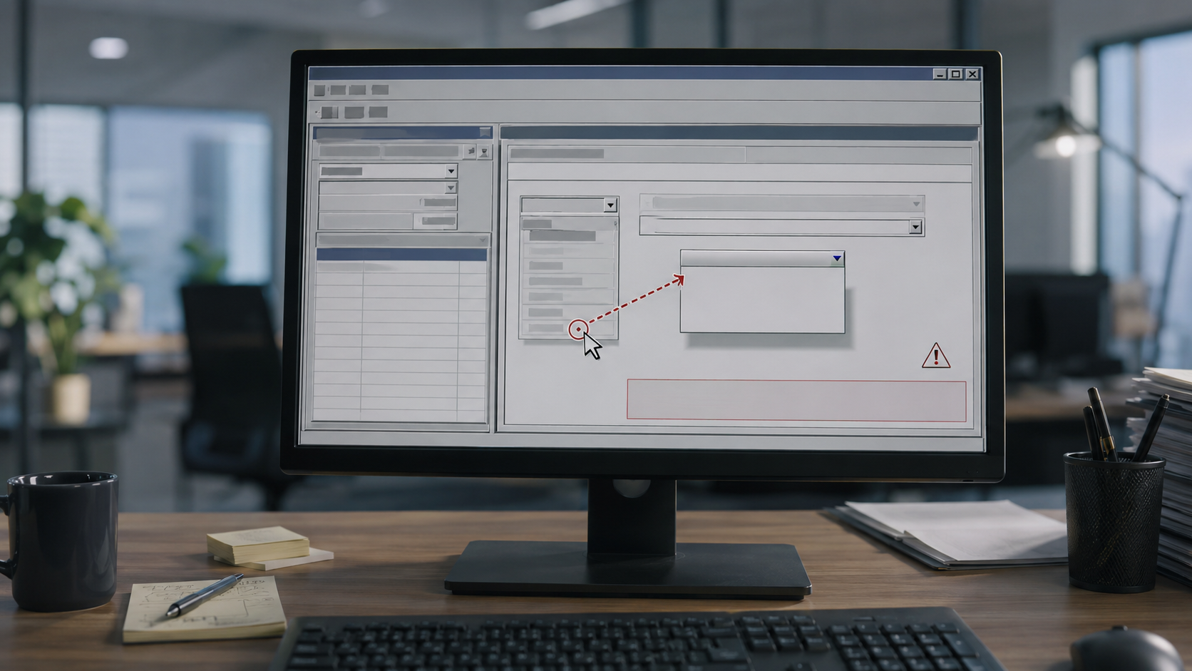 A legacy desktop application on a monitor with an automation cursor pointing at a moved dropdown and a warning marker