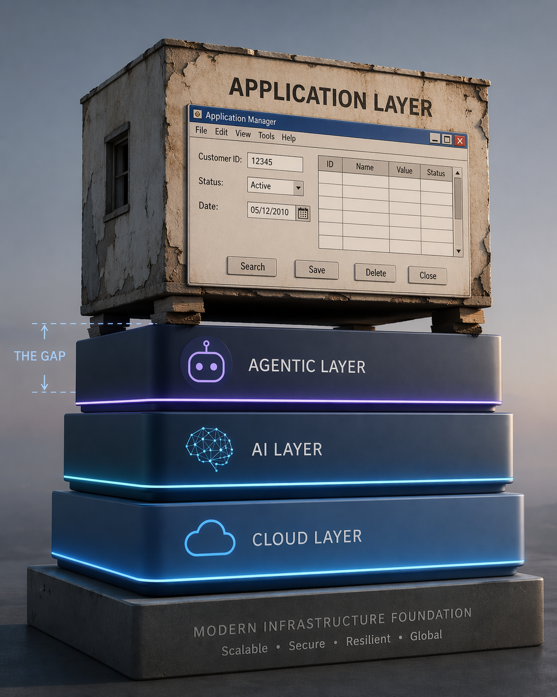 Modern cloud infrastructure stack with a crumbling legacy application layer sitting on top, illustrating the gap between infrastructure and applications