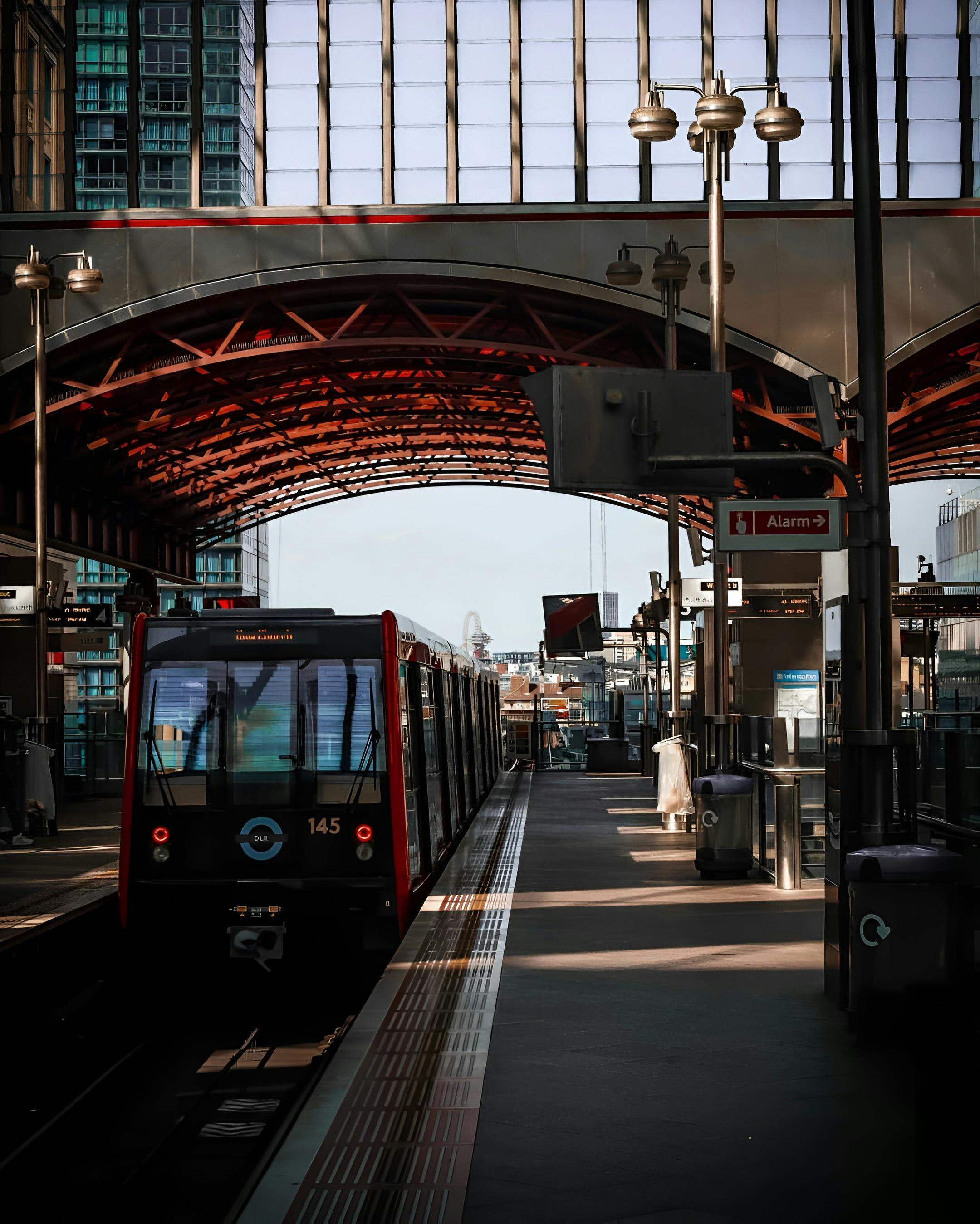 DLR train arriving at a Docklands station in London