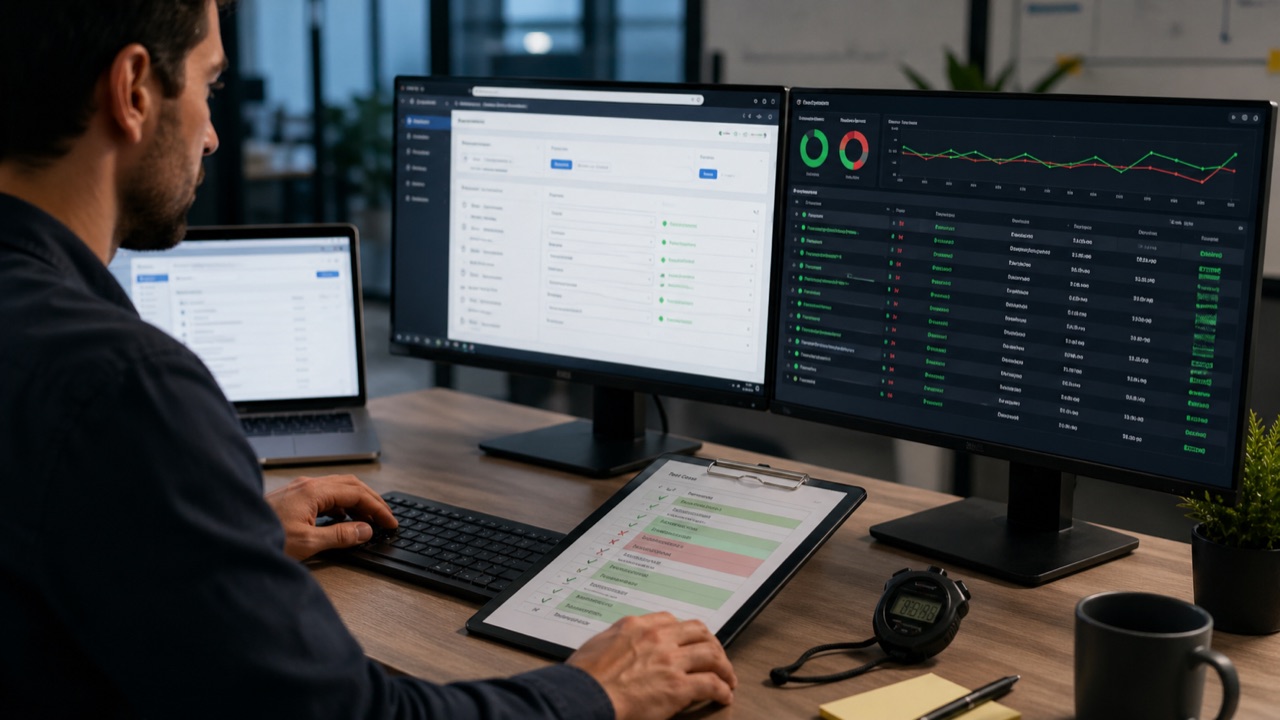 A workstation with application testing results, dashboards, and a stopwatch