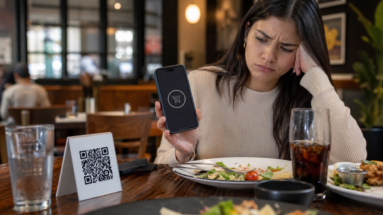 A restaurant diner holding up a phone beside a table QR code after an ordering problem