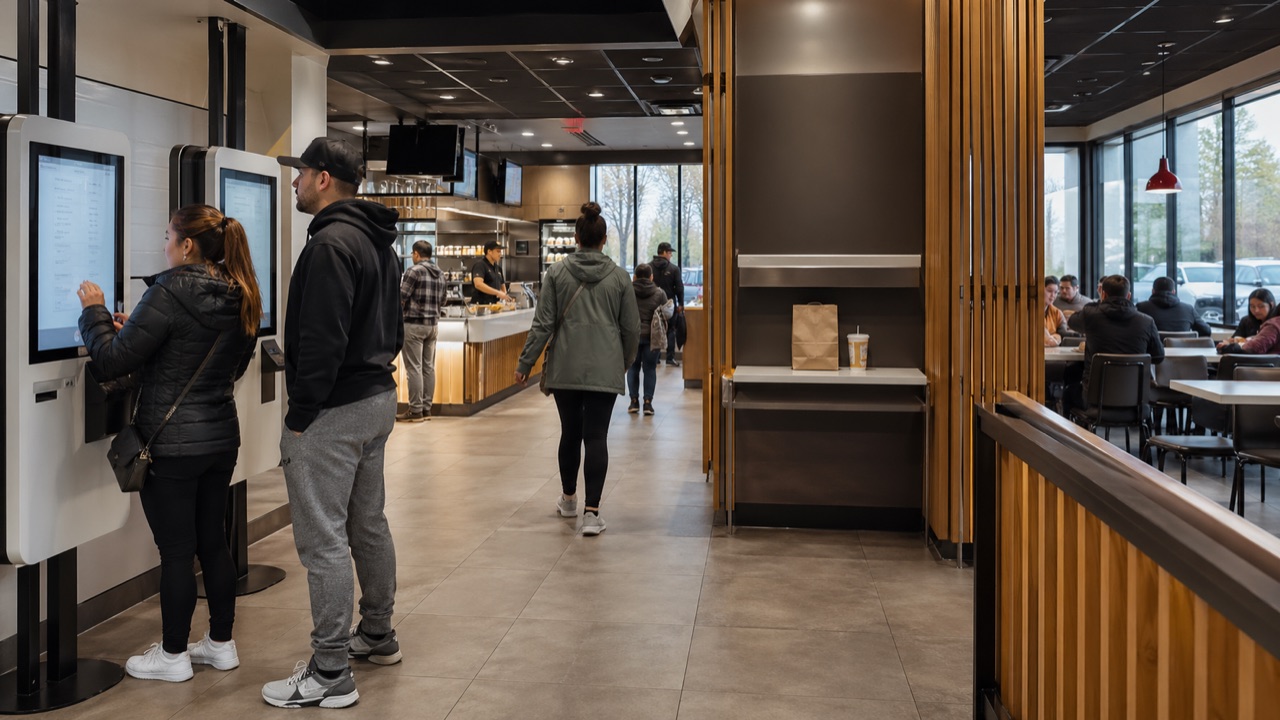 Customers using self-ordering kiosks in a quick-service restaurant
