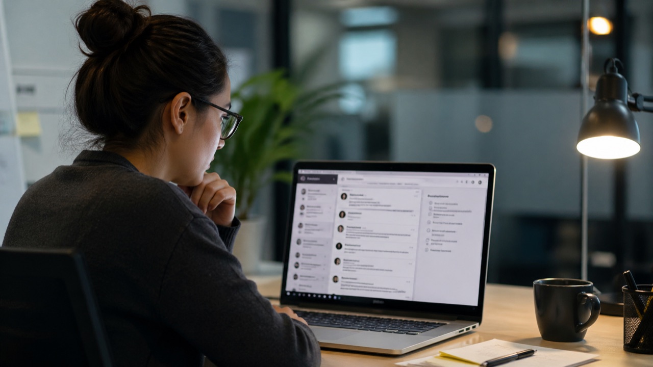 A person reading a long support-ticket thread on a laptop
