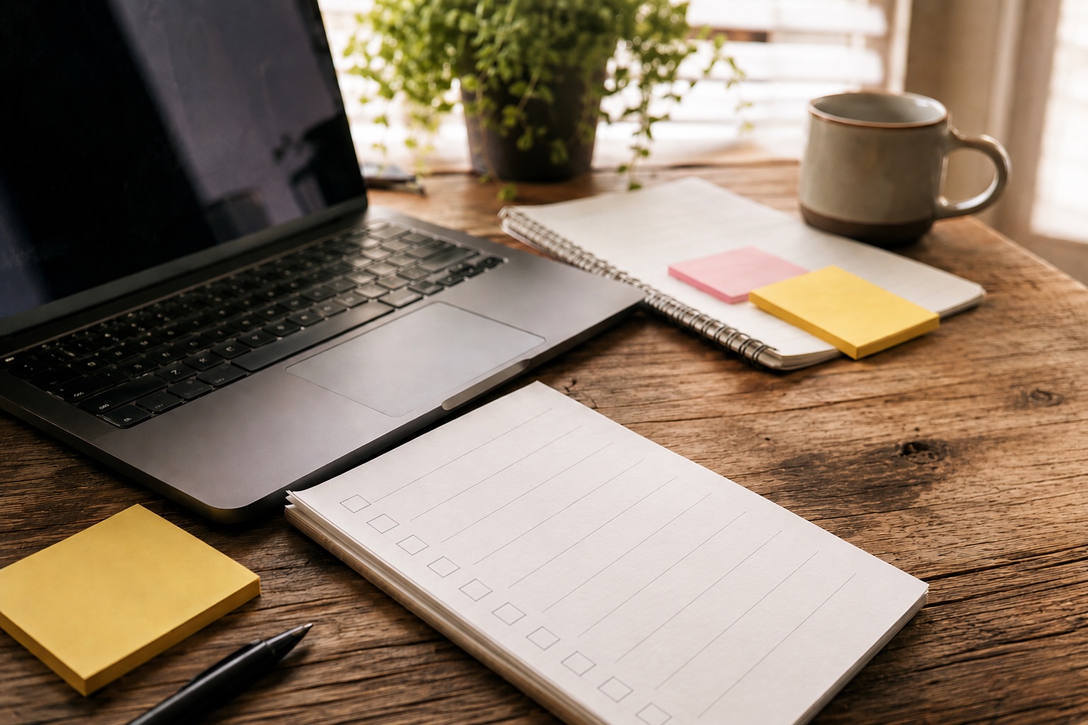 A laptop, checklist notebook, sticky notes, pen, plant, and mug arranged on a wooden desk
