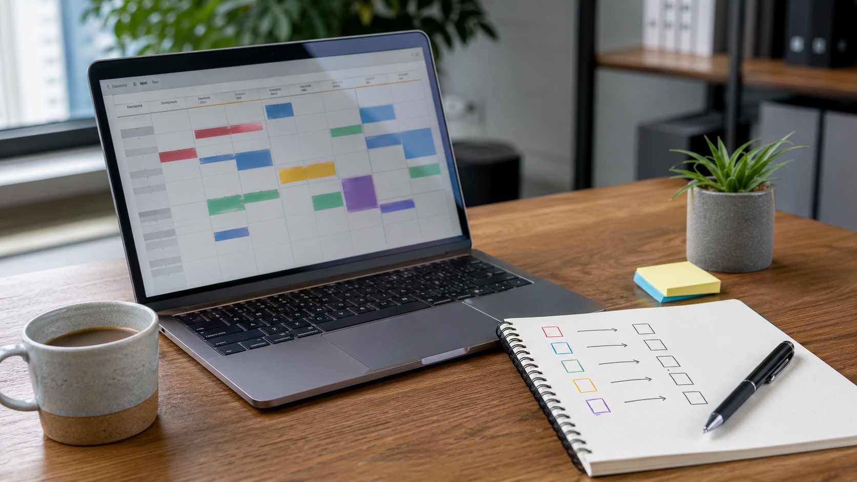 Laptop showing a generic colour-coded calendar beside a notebook with hand-drawn category rules