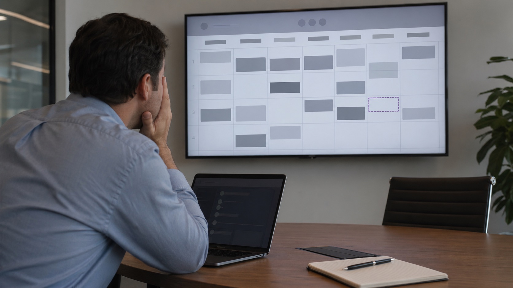 Person in a meeting room looking at a generic calendar grid with a missing highlighted category slot