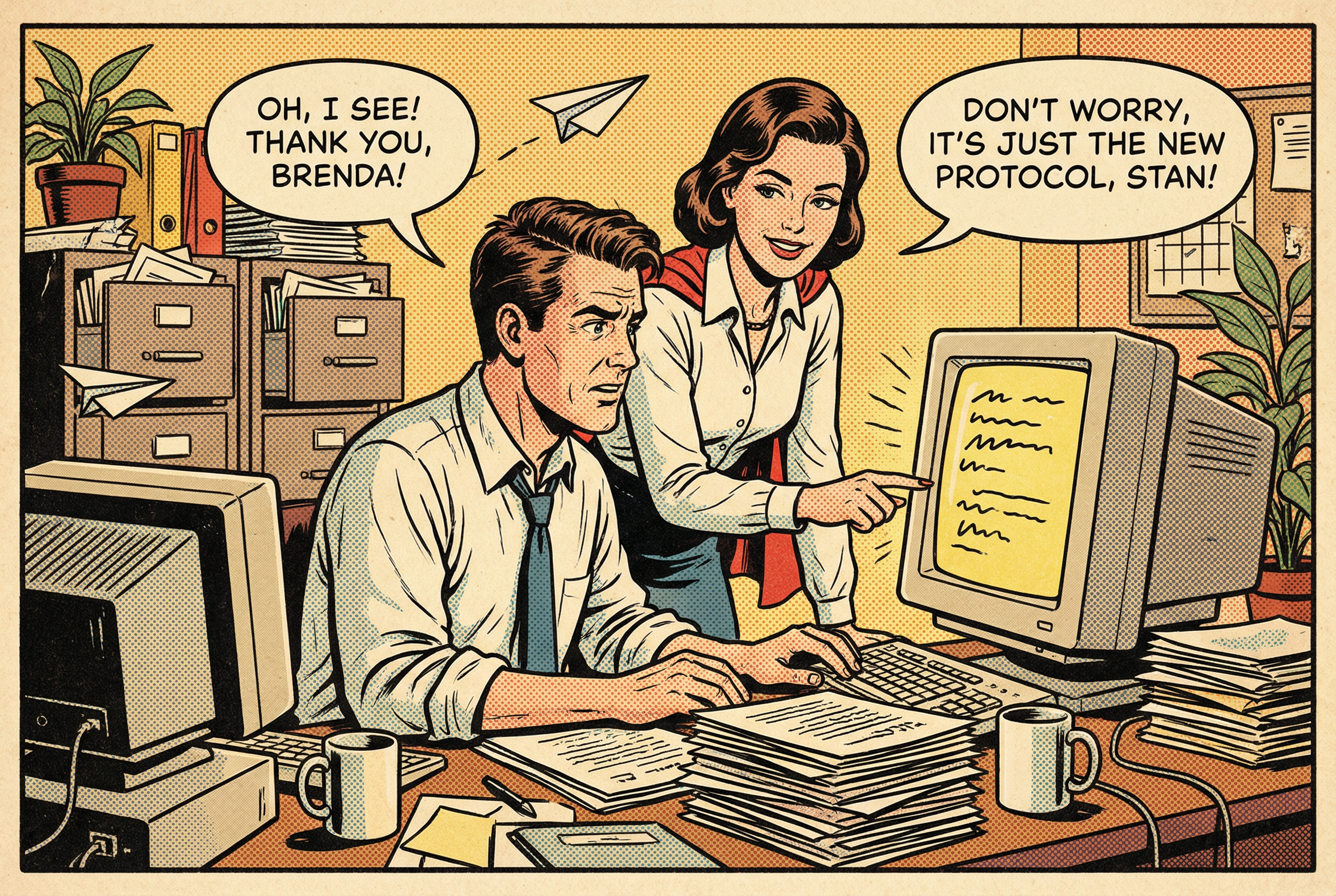 A retro office comic scene where one colleague is helping another with a new protocol on a computer
