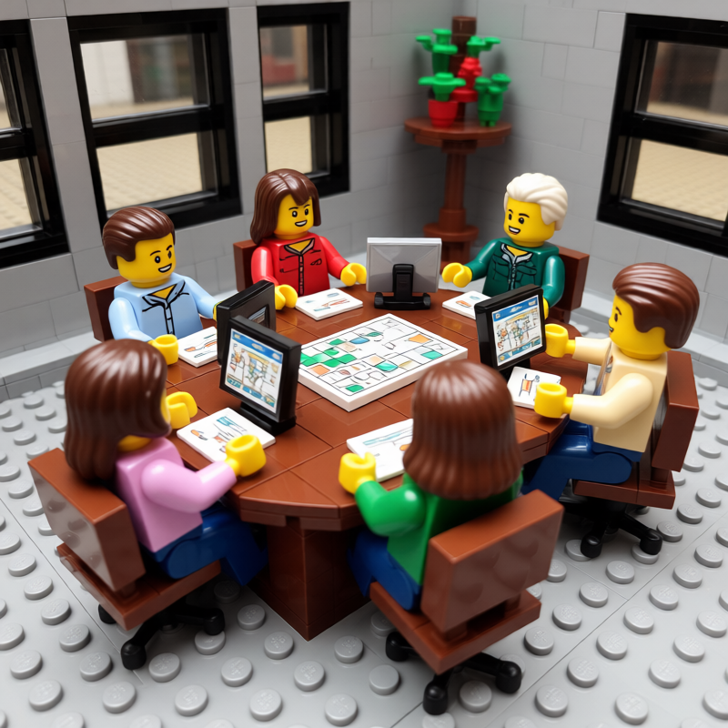 A team gathered around a meeting table looking at rollout plans