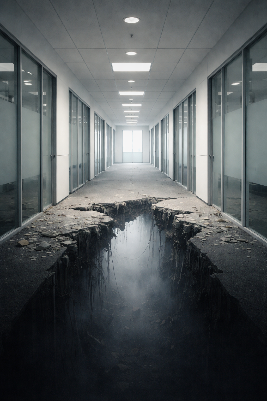 An office corridor split by a deep chasm