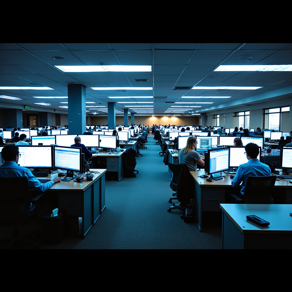 A large open-plan office filled with rows of desks and computer screens
