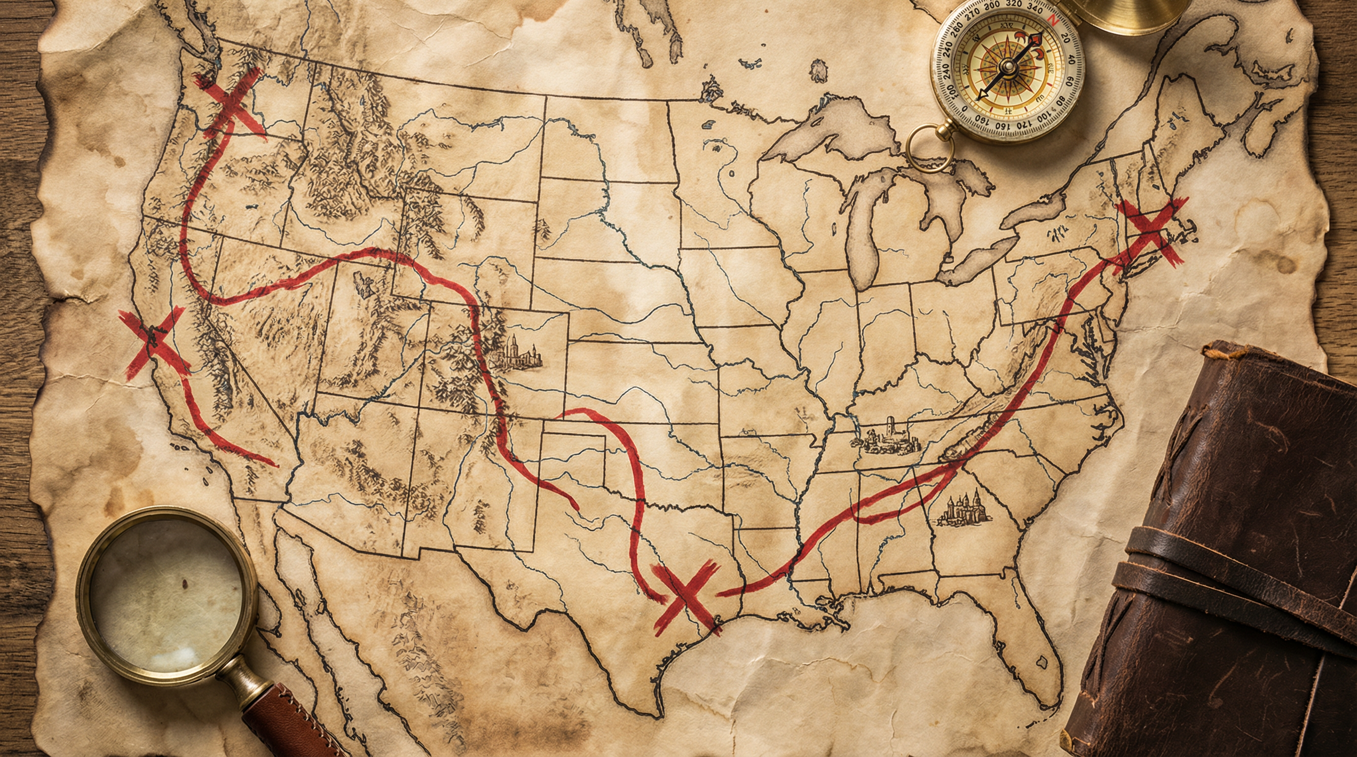 A vintage map of the United States marked with a red route and Xs across multiple states