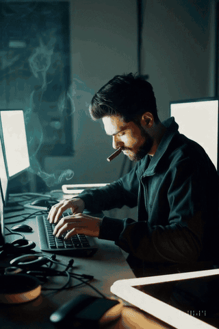 A Sora-generated office scene of a person typing at a desk while smoke curls through the light
