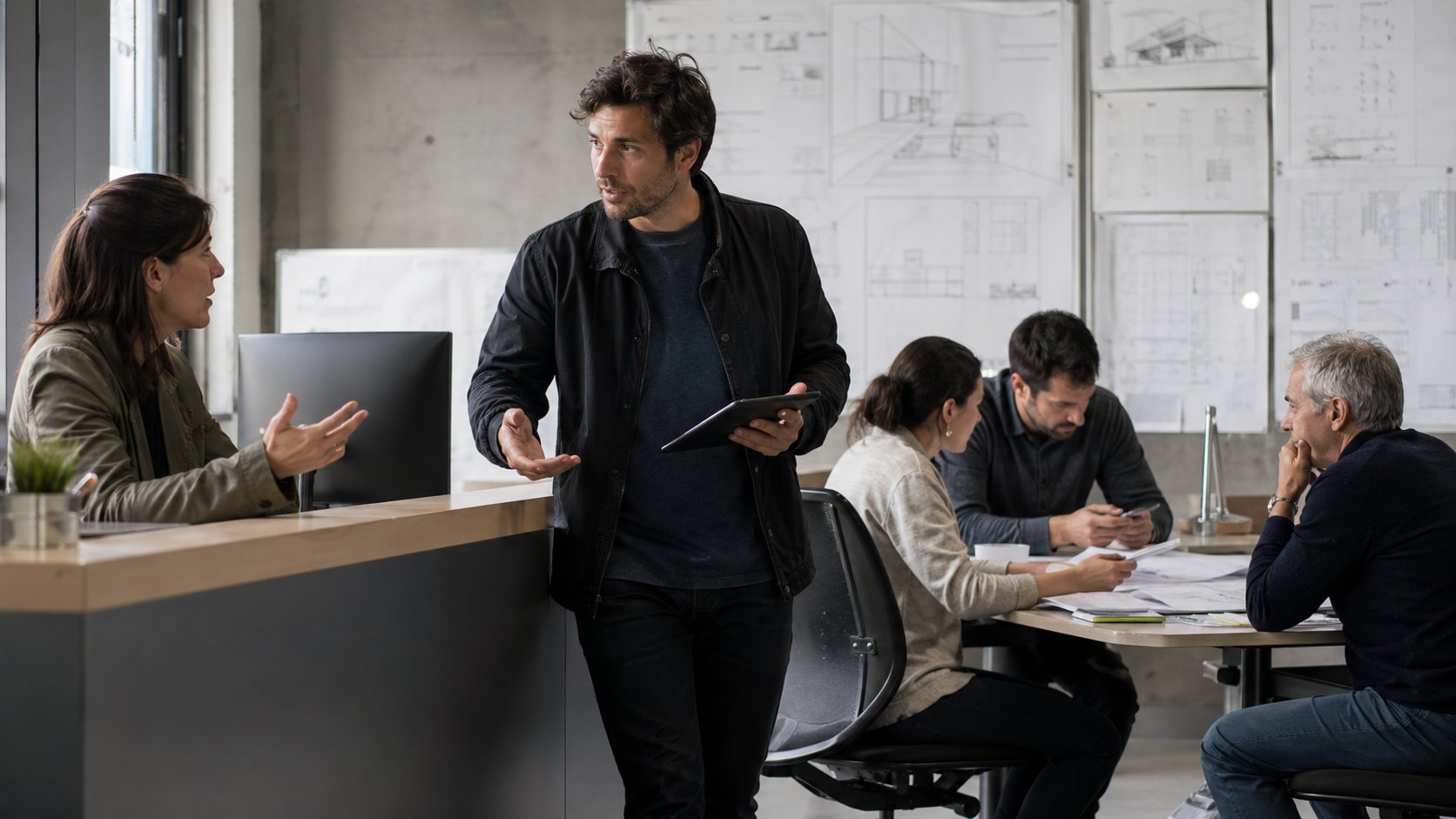 A technical lead moving between people in a planning workspace with architecture drawings on the wall