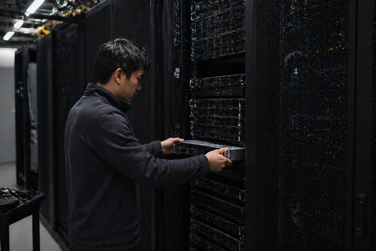 An engineer installing hardware into a server rack in a data centre