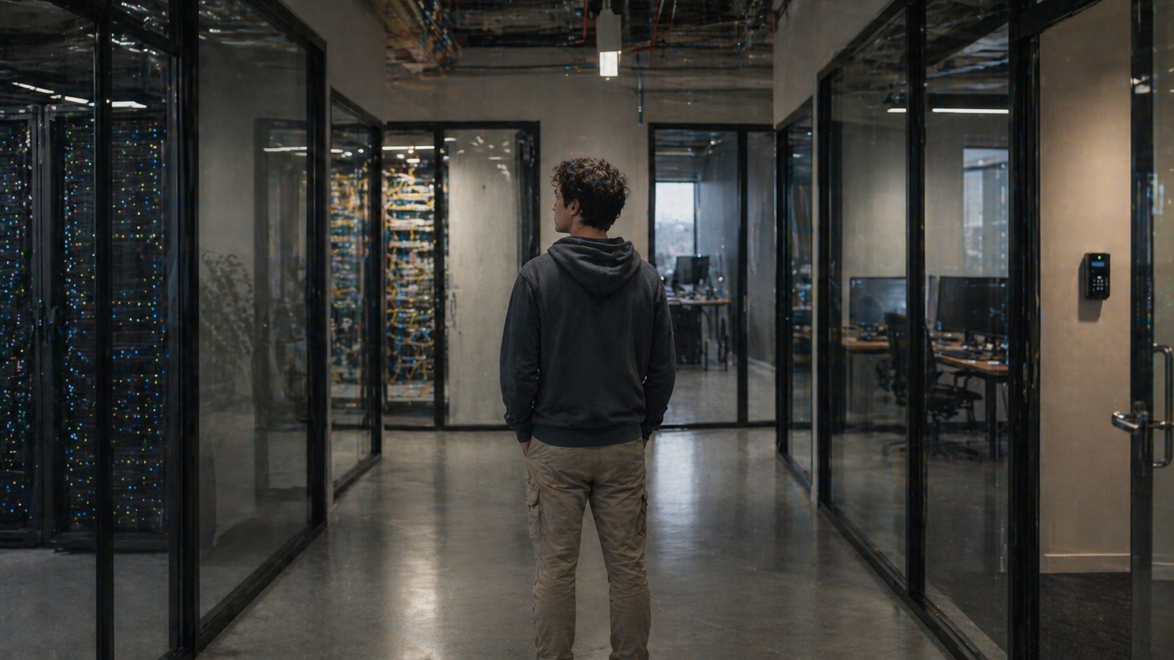 A junior engineer standing in a glass-walled technical office corridor between server rooms and workspaces