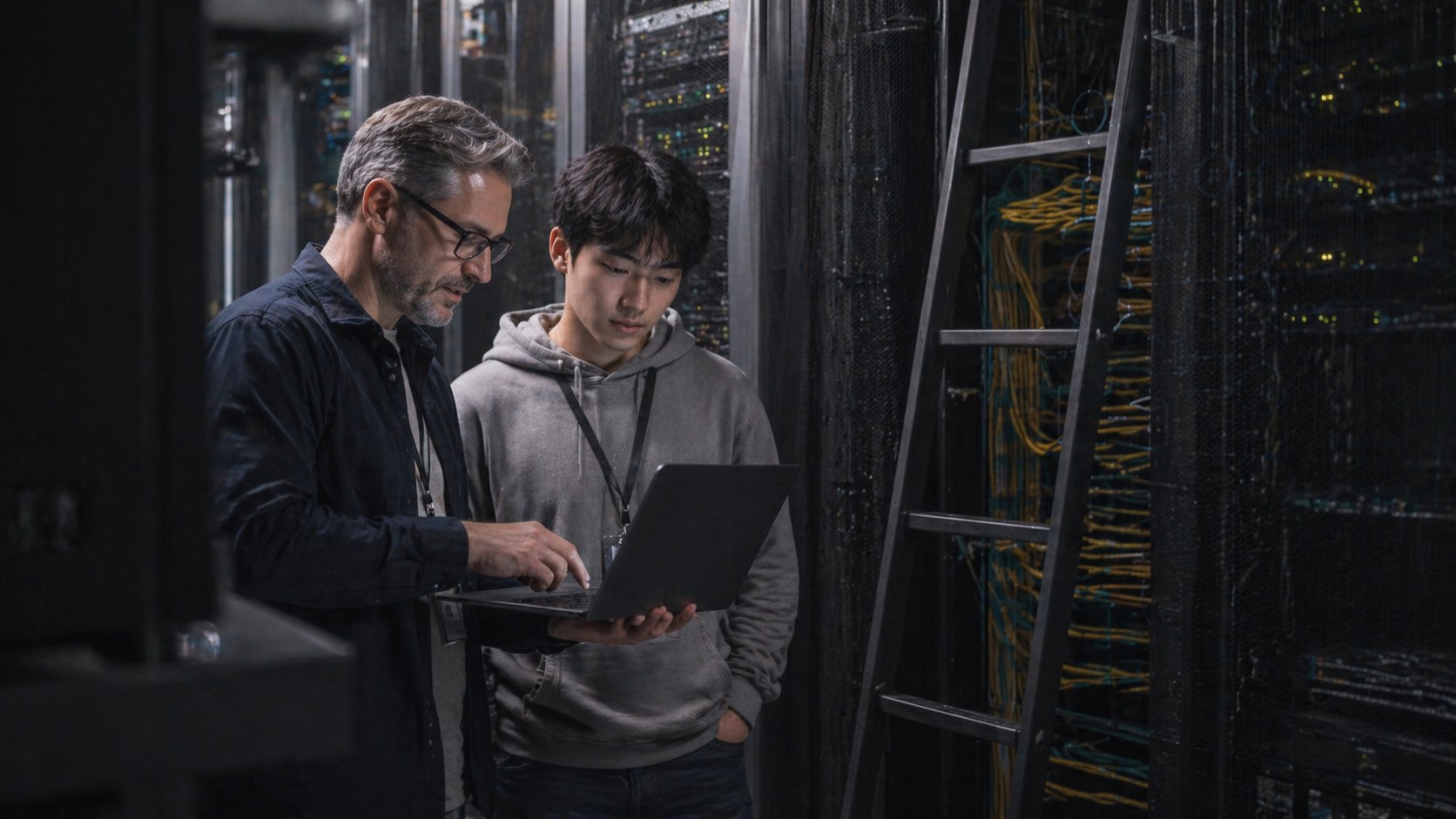A senior engineer and a junior engineer reviewing a laptop beside server racks