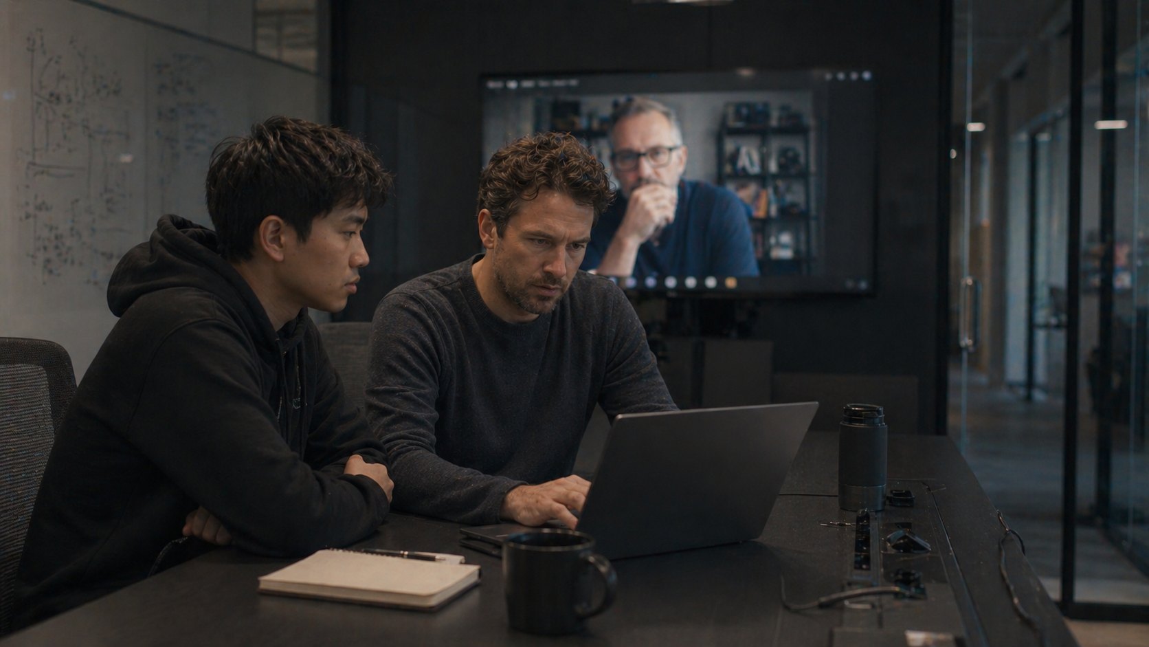 Two engineers reviewing a laptop in a meeting room while a senior colleague appears on a wall display