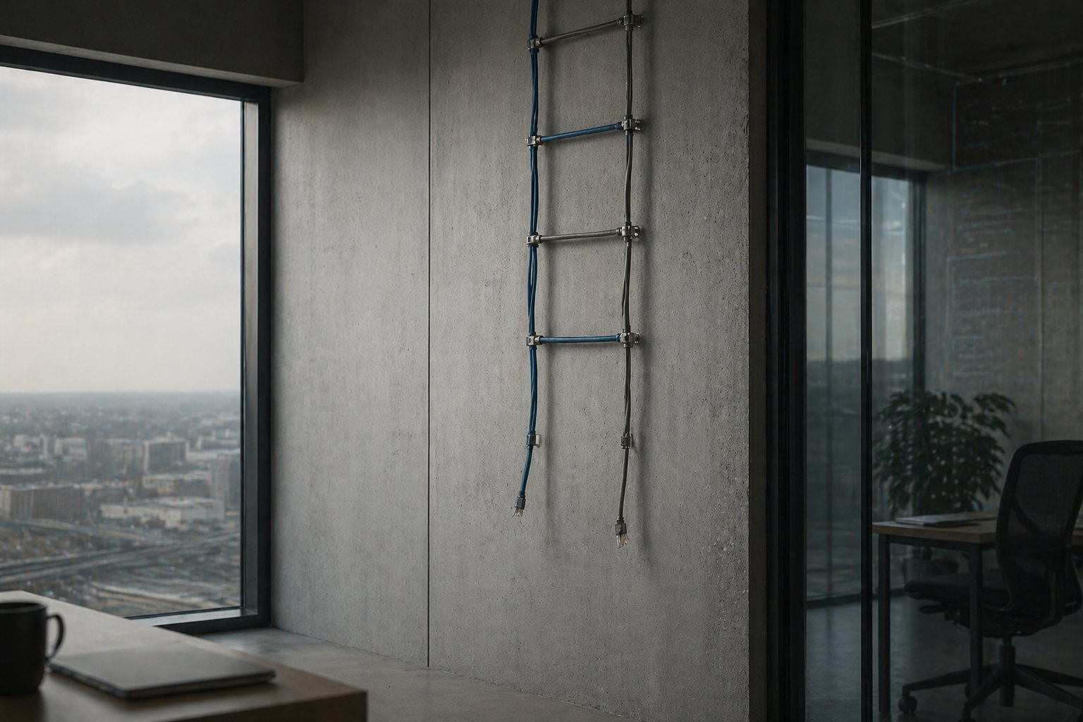 A cable ladder mounted on an office wall with lower connections hanging loose