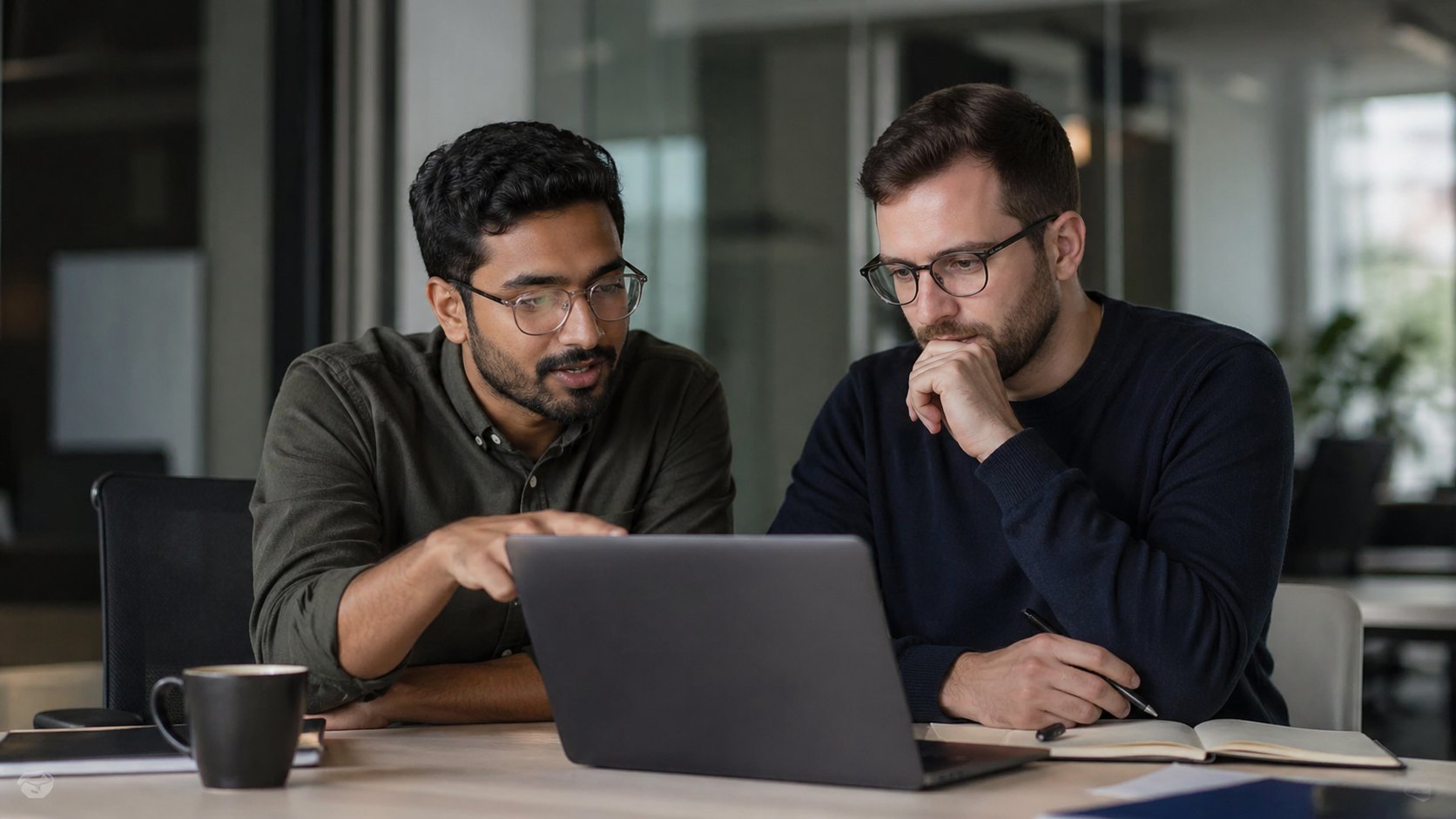 Two engineers reviewing a laptop together in an office