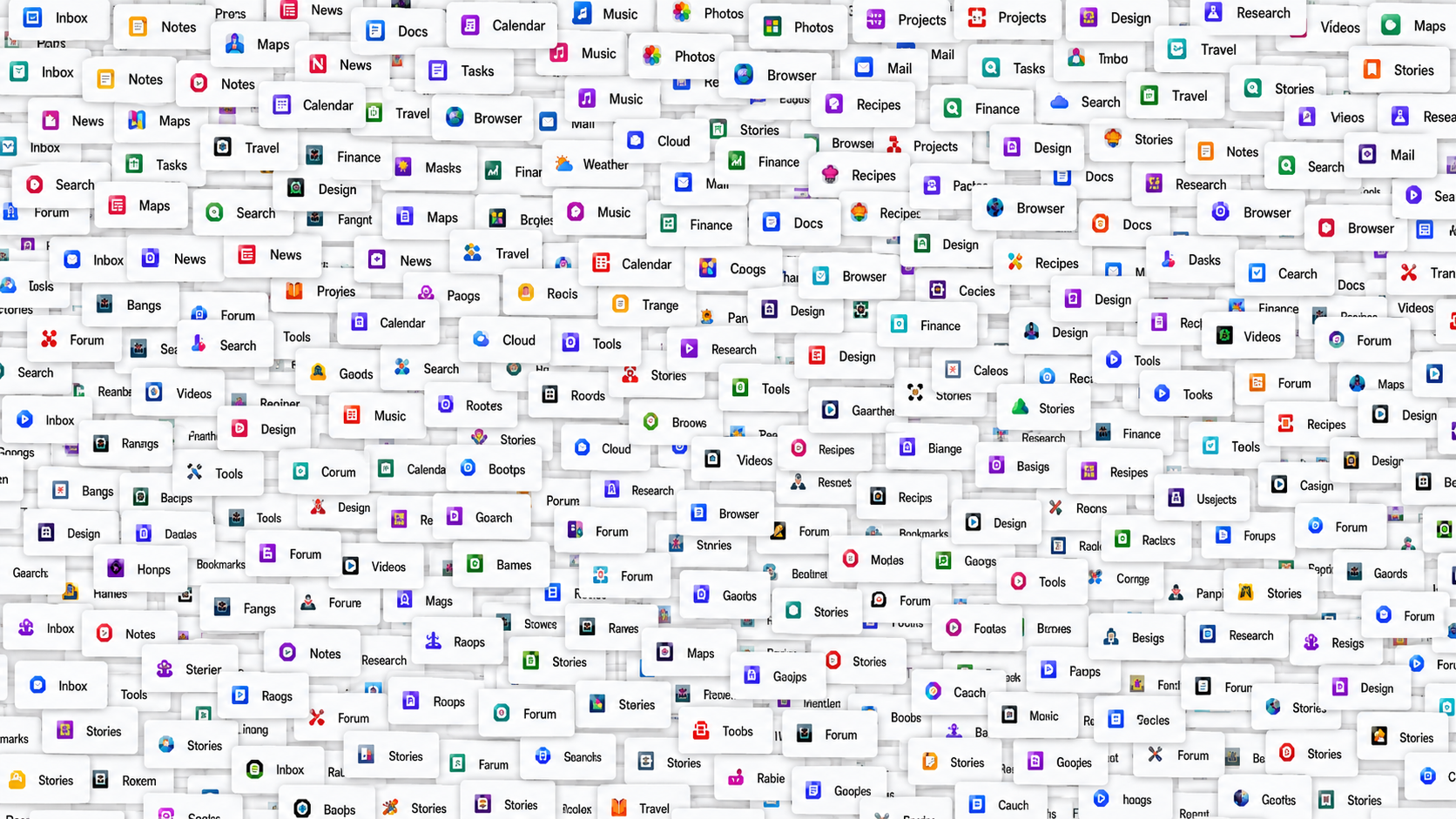 A dense wall of overlapping notification cards, saved items, and app labels