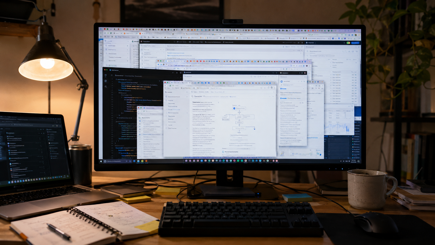 A desk setup with a large monitor covered in overlapping browser windows and many tiny tabs