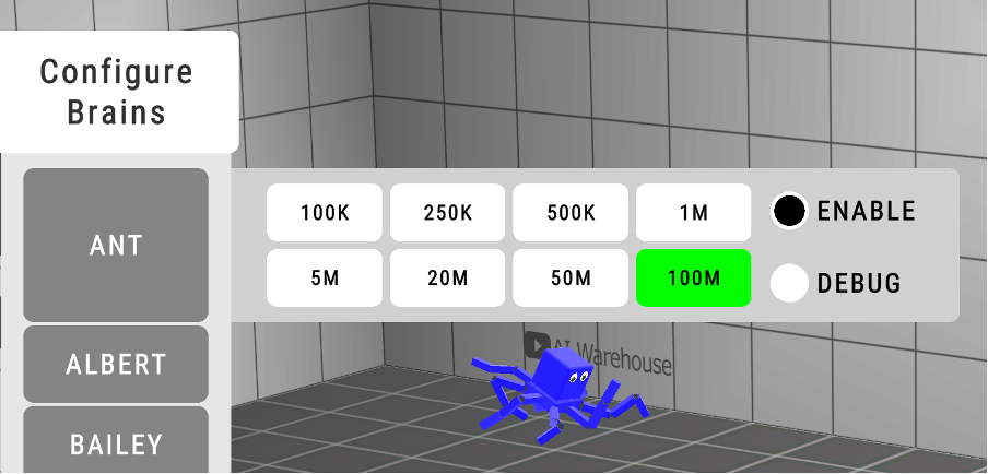 AI Warehouse brain configuration screen showing 100m selected