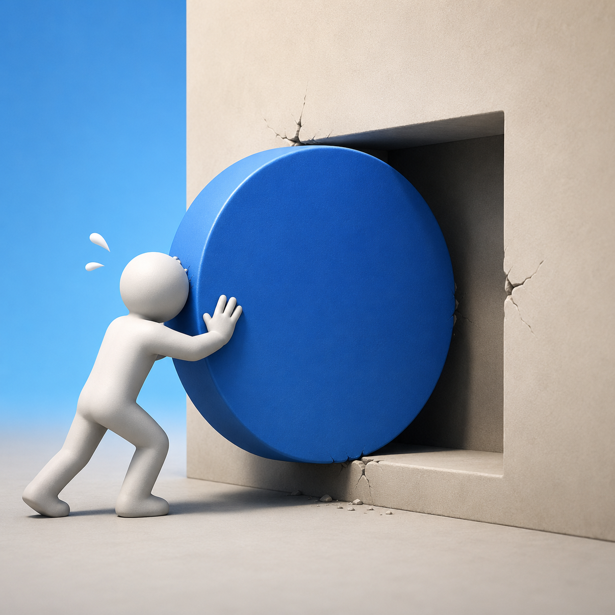 A generated white figure pushing a blue circular block into a square wall opening that it does not fit through