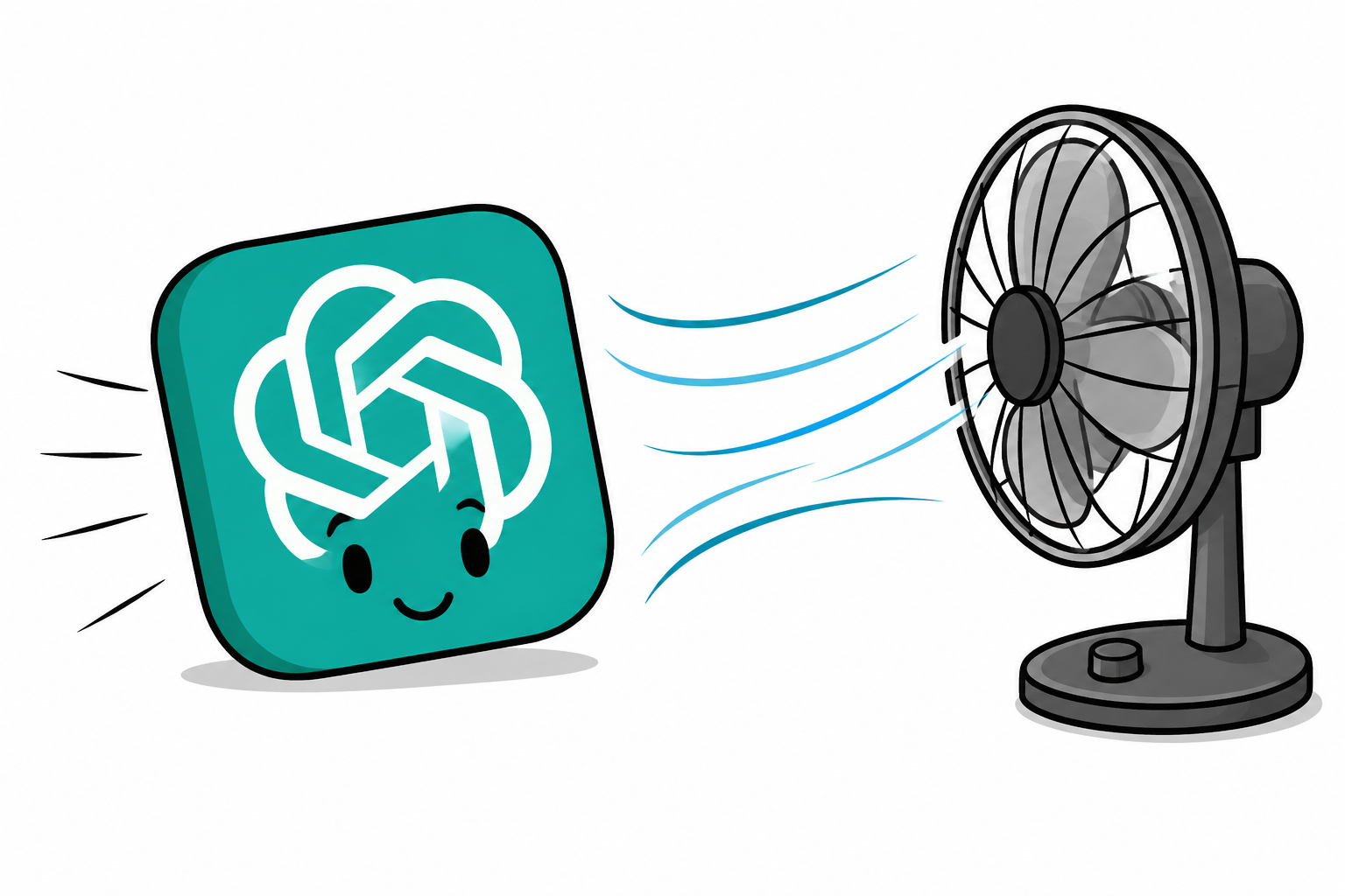 A playful illustration of a ChatGPT icon beside a desk fan with airflow lines between them