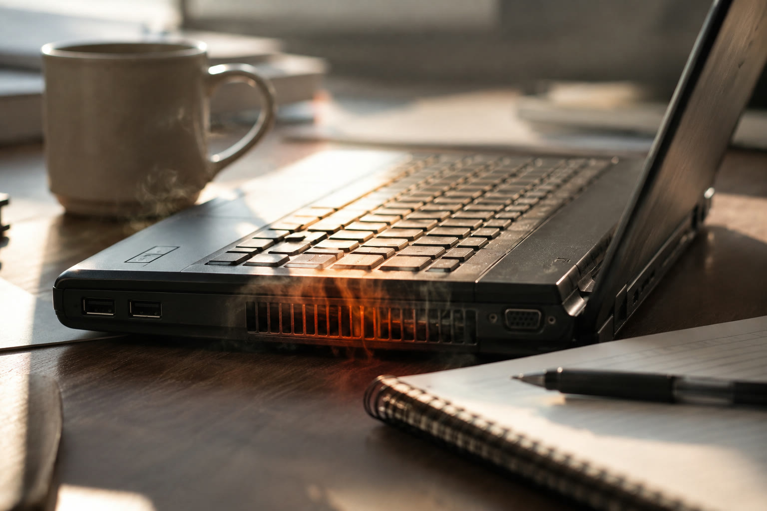 An older laptop on a desk with warm light and heat rising from the side vent