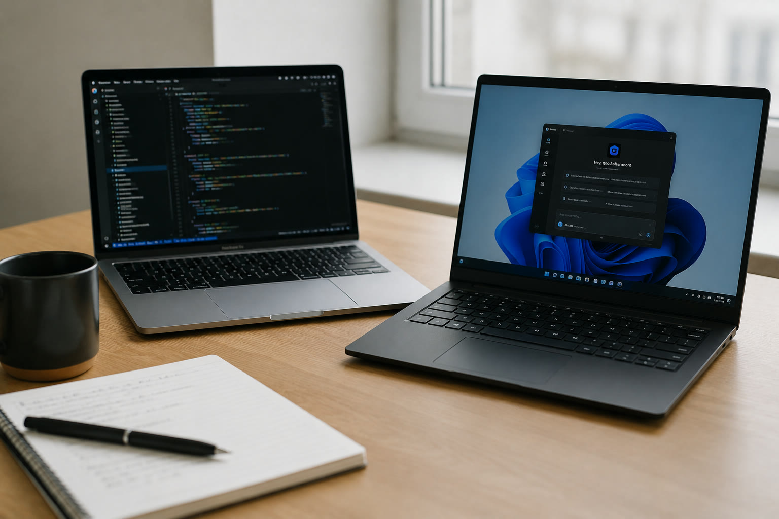 Two laptops on a desk, one showing code and the other showing Windows with an AI assistant panel open