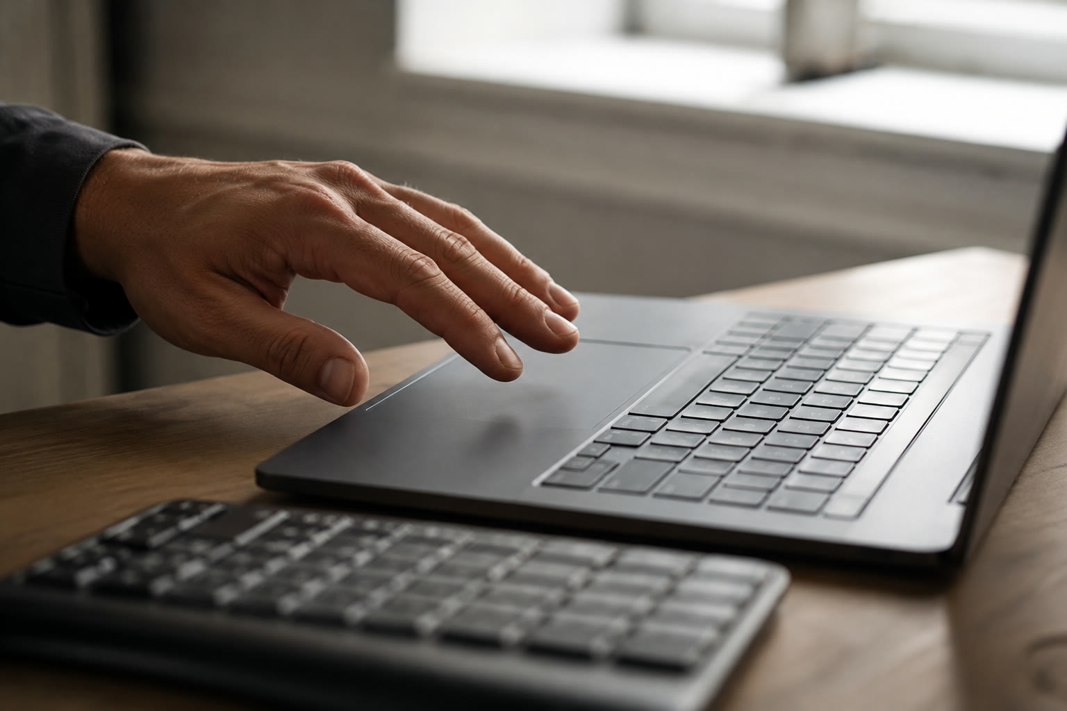 A hand hovering over a laptop trackpad with a keyboard in the foreground