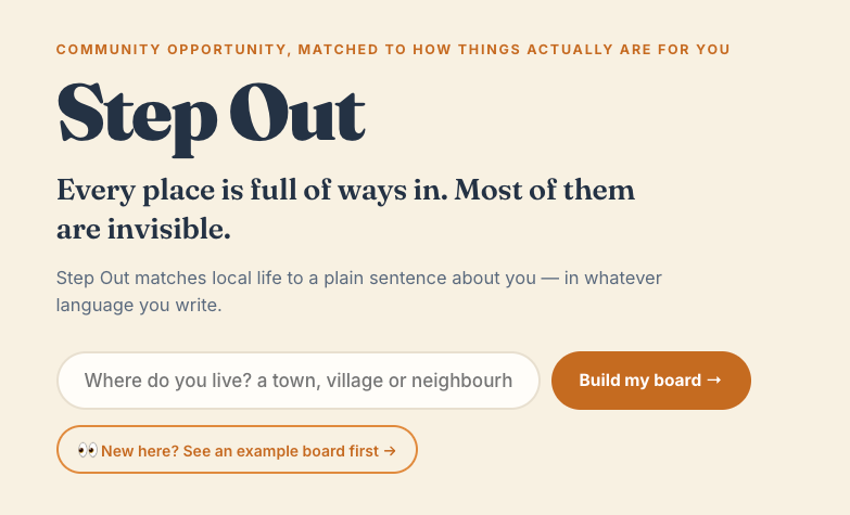 Step Out homepage introducing community opportunity matched to the visitor's situation